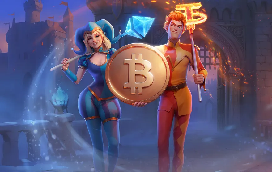 Lola i Jack z wielką monetą Bitcoin przed bramą zamku, baner krypto pakietu do kasyna