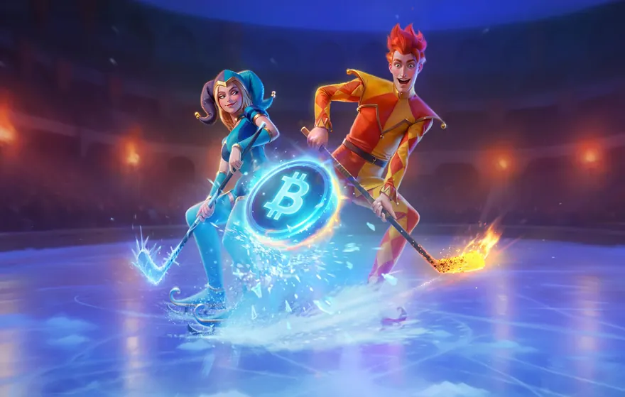 Lola i Jack z kijami hokejowymi na lodowisku areny, krążek z symbolem Bitcoina, baner krypto bonusu na zakłady